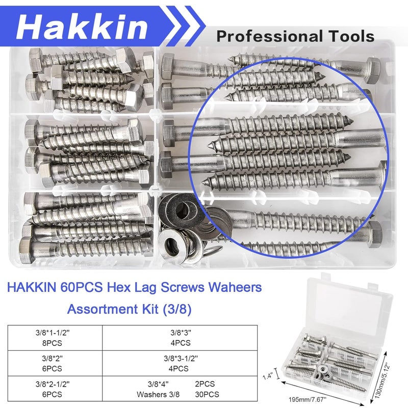 Hakkin 3/8" Hex Lag Screws, 60PCS Assorted Wood Screw & Bolt Assortment Sets 1-1/2" 2" 2-1/2" 3" 3-1/2" 4", Hexagon Head Lag Bolts for Wood, Decks Building,Industrial - Image 4